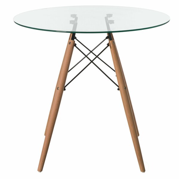 Fabulaxe Round Clear Glass Top Accent Dining Table with 4 Beech Solid Wood Legs QI004453